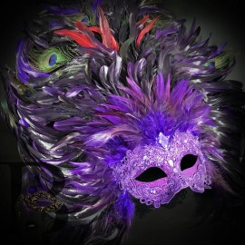 Purple Venetian Carnival Large Feather Masquerade Mask Mardi Gras Party