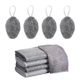 HSYTEK Pack of 4 Cleaning Cloths and 4 Hanging Steel Sponge, Reusable Stainless Steel Sponge, 30 x 30 cm Scratch-Resistant Dishcloth, Cleaning Sponge for Cookers, Pots, Cooker Hoods