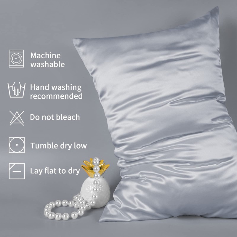 LULUSILK Silk Pillow Cases 2 Pack with Hidden Zipper, Silvergrey