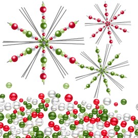 Hotop 24 Pieces Snowflakes Metal Wires Snowflake Form with 400 Mixed Color and Sizes Pearl Beads Fun Beading Project 3 Sizes Christmas Snowflakes Ornament Kit for Handicraft DIY (Red, Green, White)