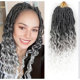 Deep Goddess Locs 18 Inch New Soft Faux Locs Crochet Braids Deep Wave Pre Looped Hair Extensions Crochet Hair for Black Women(18 Inch 8 Pcs T1B/Grey/White)