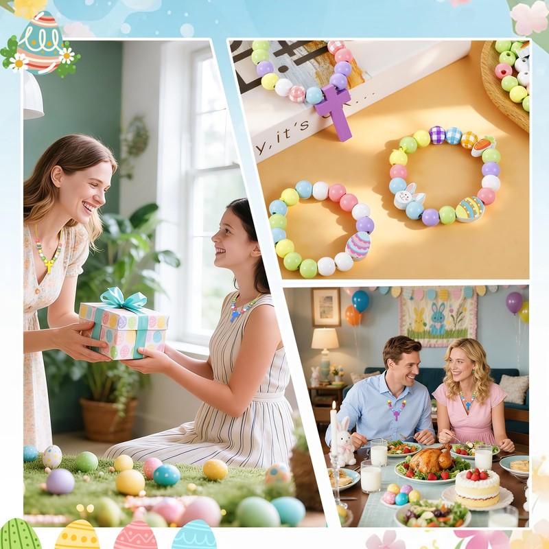 FULAIERGD 32 Sets Easter Wooden Cross Beads Necklace Craft Kits