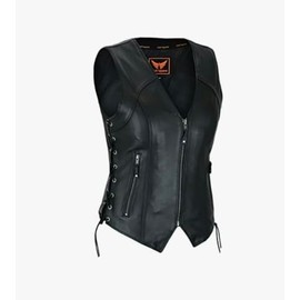 TackField Women Classic style Black Leather Vest- Heavy Duty Biker Motorcycle vest (US, Alpha, Medium, Regular, Regular, Black)