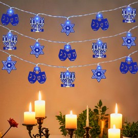 10ft Chanukah Star Decorative String Lights, 20 LED Hexagram and Candleholder Shape Light, Hanukkah Decorations for Home, for Jews Judaism Bedroom Window Wall Fence Party Decor