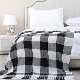 Black White Buffalo Plaid Decor Blanket, Lightweight Soft Chenille Check Knitted Rustic Farmhouse Throw with Tassels for Couch Sofa Chair Bed Office Home, Black and Ivory, 50" x 60"
