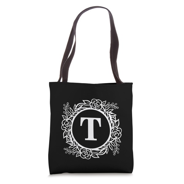 Personalized Monogram Letter T Initial Cute Floral Wreath Tote Bag