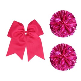 JIHUOO 2 Pcs Cheerleader Pom Poms Team Spirit Pom Poms Dance Team Pom Poms Sports Fan Pom Poms with Big Cheerleader Hair Bows Cheerleading Costume Accessories Hot Pink