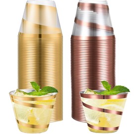 Gejoy 9 oz Rimmed Swirl Plastic Cups Disposable Wine Drinking Cups Clear Elegant Wedding Tumblers for Engagement Single Party Supplies(Gold, Rose Gold)