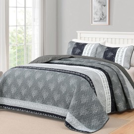 DJY Gray Quilt Set Queen Size Boho Striped Patchwork Bedspread Coverlet, 3 Pieces Black Grey Floral Quilt Bedding Set for All Season, Lightweight Microfiber Reversible Bed Cover (96"x90")