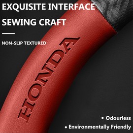 Customized Steering Wheel Cover Compatible with Honda, Nappa Leather & Carbon Fiber Design, Includes 2 Non-Slip Coasters and USB Fast Charging Cable (Red)