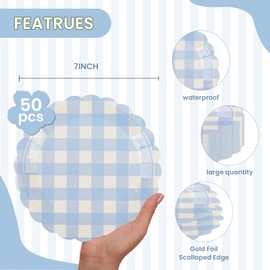EVYIENEN Pack of 50 Blue Gingham Paper Plates, 17.8 cm Checked Paper Plates, Disposable Party Plates, Tableware for Cakes, Salad, Fruit, Disposable Decorative Dinner Dessert Serving Plates