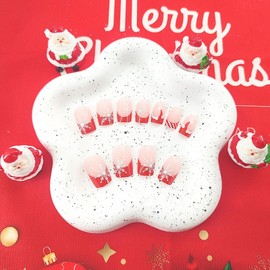 Christmas Press on Nails Short Fake Nails Red Santa Hat French Tip Glue on Nails Red White Stripes Snowflake Bow Pattern False Nails Press ons Square Xmas Stick on Nails for Women 24 Pcs