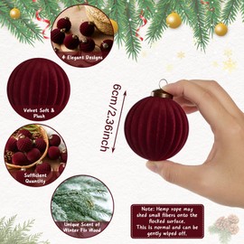 24 Pcs Light Scented Velvet Christmas Balls Bulk Winter Fir Scent Flocked Christmas Tree Ball Ornaments Hanging Baubles for Xmas Holiday Home Gift Yard Decor (Burgundy 2.36 Inch)