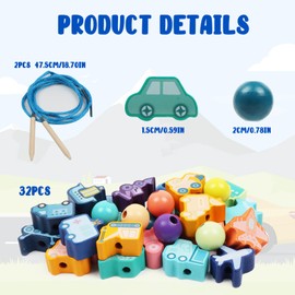 TRUEIN 32 Pieces Montessori Wooden Toy Threading Game, Wooden Beads for Threading Children from 2 3 4 5, Threading Game Educational Wood, Vehicles Beads Threading Game Toy for Children Gifts
