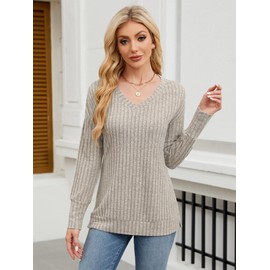 AMBMA Womens V Neck Sweaters Lightweight Long Sleeve Tunic Tops Shirts Casual Sweatshirt Trendy (Apricot, XX-Large)