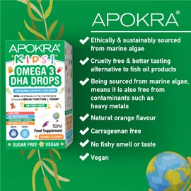 Omega 3 Vegan DHA Drops for Kids - 50mL - No Fishy Taste - Preservative Free and Sugar Free. Sustainable Algal Alternative to Fish Oil | APOKRA Kids