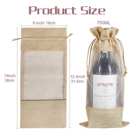 Jute Wine Bags, 10pcs Burlap Wine Bottle Gift Bags 750ml with Sheer Window Organza Hessian Drawstring Gift Bags for Wedding Festival Wine Tasting Party Favors (14 x 6.3 inches)