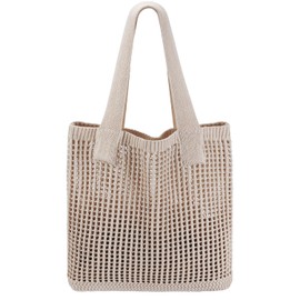 Crochet Tote Bag For Women, Crochet Mesh Beach Tote Bag Summer Vacation Aesthetic Boho Knit Bag for Women (H/Khaki)