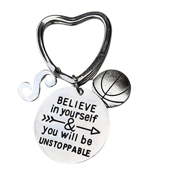 SportyBella Basketball Initial Keychain, Basketball Player Gifts, Believe in Yourself