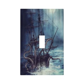 Octopus Ocean Kraken Nautical Pirate Ship 1 Gang Light Switch Covers Decorative Unique Single Toggle Wall Plate Switchcover Electrical Switchplate for Kitchen Bathroom Bedroom Decor