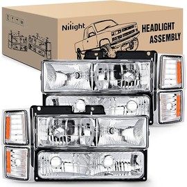 Nilight Headlight Assembly Compatible with 1994 1995 1996 1997 1998 Chevy Silverado Tahoe Suburban C10 C/K 1500 2500 3500 Replacement Headlamp Chrome Housing Amber Reflector Bumper Corner Lamp