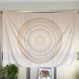 X-morrey Wall Decor Indian Mandala Tapestry Picnic Table Cover and Curtain, Holiday Decor HD Print Bohemia Mural Bedroom Tapestry Wall Hanging Personality Gift Multifunctional Home Decor Beach Towel (White Gold WG02)