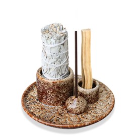 Palo Santo Sticks Holder, Multi-Purpose Handmade Ceramic Incense Burner for Palo Santo Incense Sticks, Sage Holder for Burning, Ash Catcher Tray for Meditation Yoga Room-Brown White