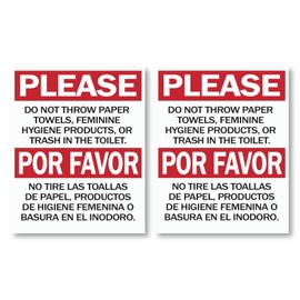 Do Not Flush Warning Sign Sticker, Paper Towels and Feminine Products Notice, Bilingual, 4 x 5 inches, 2-Pack