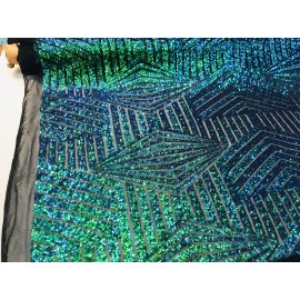 NEW CREATIONS FABRIC AND FOAM INC GREEN IRIDESCENT GEOMETRIC DESIGN WITH SEQUIN ON A 2 WAY STRETCH BLACK MESH-