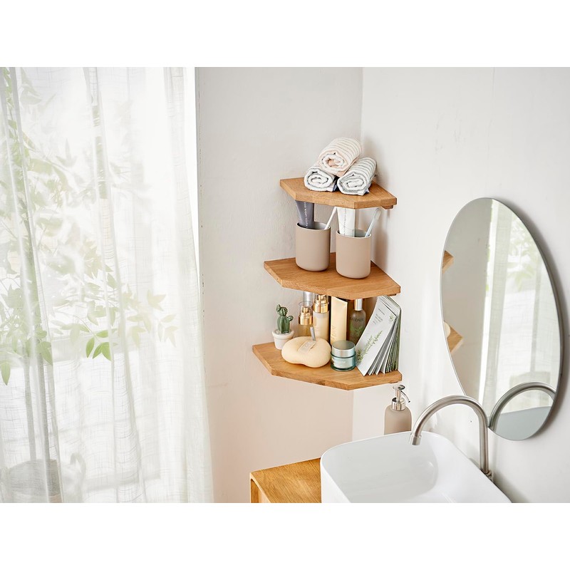 OAKERLAND Oak Floating Corner Shelf with Hidden Cables Channel, Solid