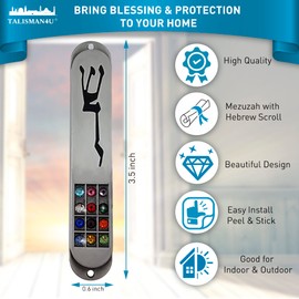 TALISMAN4U Pewter MEZUZAH Case with Scroll 12 Tribes of Israel Hoshen Design Hebrew Shaddai Protection Symbol Judaica Door Mezuza 3.5 Inch