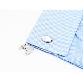 Jonwo Mother of Pearl Men Cufflinks and Tie Clip Set Silver Tone Gold Plated Men Tie Pin Cufflinks for Wedding Necktie Shirt Party Birthday Anniversary (Oval Silver Cufflinks Tie Clip Set)