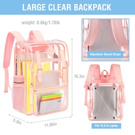 Hairao Clear Backpack Heavy Duty Thick PVC Transparent Backpack With Leather Trim Large See Through Backpack Clear Bookbag For Student, Work, Travel Pink