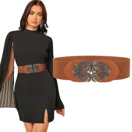 WHIPPY Women Stretch Wide Belts Vintage Elastic Waist Belt for Dress Coat with Metal Buckle,Brown,80cm