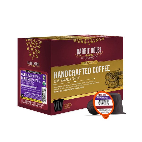 Barrie House Organic & Fair Trade Certified Sumatra Kopi Gr-1 Single Cup Capsules (24 Capsules)