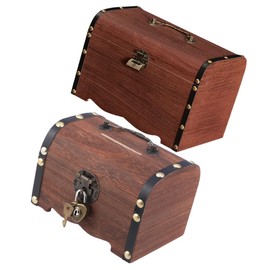 CORHAD 2Pcs Retro Wooden Treasure Chest Vintage Money Saving Box Trinket Storage Case with Lock for Home Decor Jewelry Organization and Coin Collection