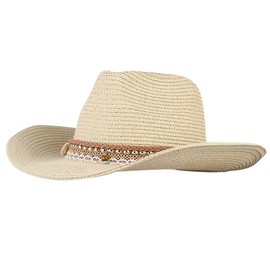 Cowboyhut für Damen und Herren, Gras, gewebt, breite Krempe, Sonnenhut, Westernhut, beige, Einheitsgröße