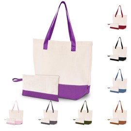 HIFA Canvas Tote Bag and Makeup Bag Set for Women - Two-Tone, Top Zipper Closure, Extra Inner Pocket, Organic Cotton, Sturdy - Multipurpose Shoulder Bag Suitable for Shopping, Grocery, Beach, Travel