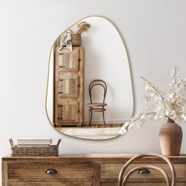 PERFNIQUE Irregular Wall Mirror Asymmetrical Mirror, 28''x20'' Golden Wood Framed Mirror for Bathroom Bedroom Living Room Entryway, Decorative Modern Wall Decor, Wall Mounted Mirror (Gold, 28''x20'')