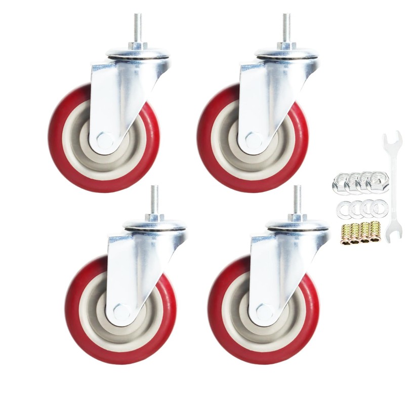 Swivel Stem Casters, Heavy Duty Double-Locking Castors with Red PU