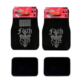 Universal Fit Front/Rear 4-Piece Full Set Crystal Bling Rhinestone Studded Carpet Car SUV Truck Floor Mats (Faith/Black)