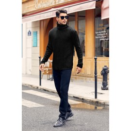 Runcati Men's Turtleneck Pullover Cable Knit Autumn Winter Chunky Knit Plain Jumper Sweater, black