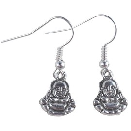 Buddha Charm Earrings, Tibetan Silver Charms on Nickel Free Antique Silver Tone Hooks : 31mm long, Everyday Drop Earrings for Zen Lover, Gift for Women