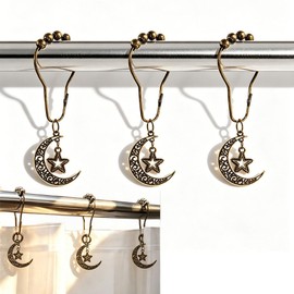 12 Pcs Decorative Celestial Moon Stars Shower Curtain Hooks Rings, Rust Proof Stainless Steel Shower Hook Hanger for Witch Celestial Theme Bathroom Tub Shower Rod Decor (Bronze)