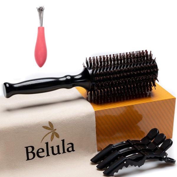 Belula Boar Bristle Round Brush for Blow Drying Set. Round Hair Brush With Large 2.7” Wooden Barrel. Hairbrush Ideal to Add Volume and Body. Free 3 x Hair Clips & Travel Bag.