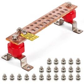 12" Heavy-Duty Copper Ground Bar Kit,Grounding Bus Bar,with 24 x 0.41’’ Holes & Slots and 2” x 2’’ Standoff Insulators Made from UL Recognized Material,2500V