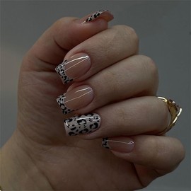 Leopard French Tip Press on Nails Square Short Fake Nails Glossy Grey Acrylic Nails Tips with Black Leopard Print False Nails with Designs Full Cover Glue on Nails for Women Girls 24Pcs