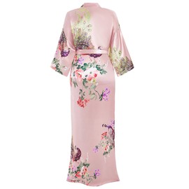 Women's Satin Kimono Robes Peacock and Floral Printed Long Bathrobe Bridesmaid Wedding Party Dressing Gown, Pink Champagne M
