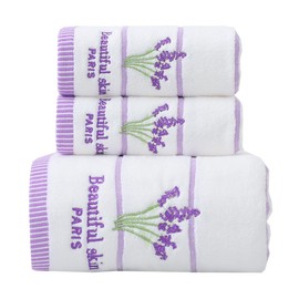 Pidada Bath Hand Towel Set of 3 Lavender Floral Pattern 100% Cotton Soft Absorbent Decorative Towels for Bathroom (White)