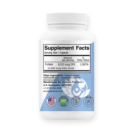 Folic Acid Folate 5mg (B9) Prenatal, Reproductive Health, Homocysteine, Metabolism, Cardiovascular, Bone, Immune Support, Allergen Free, Non GMO - 100 Vegan Capsules